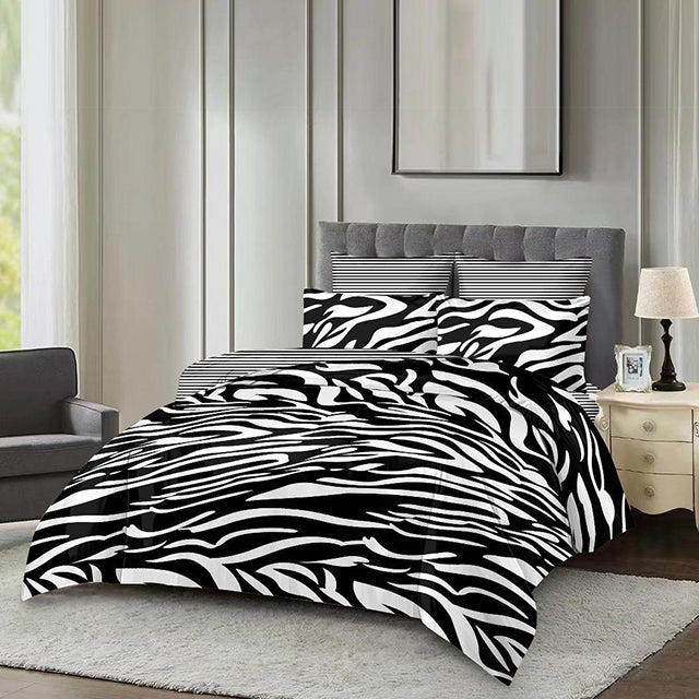 Спално бельо с ластик - бяло и черно с животинска шарка