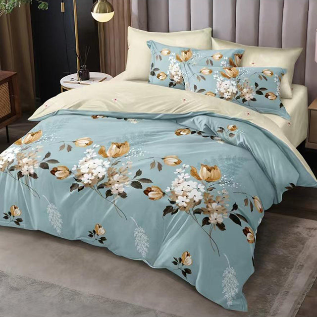 Спално бельо с ластик - светлосиньо и екрю с цветя