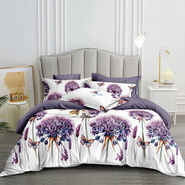 Спално бельо с ластик - бяло и лилаво с глухарчета и пеперуди