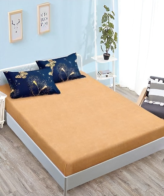 Спално бельо с ластик - синьо и кафяво с цветя и пеперуди