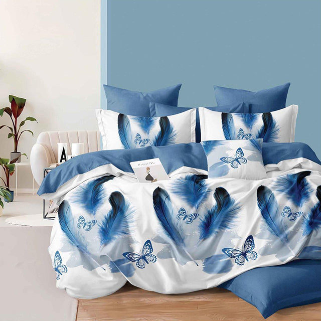 Спално бельо с ластик - бяло и синьо с пера и пеперуди