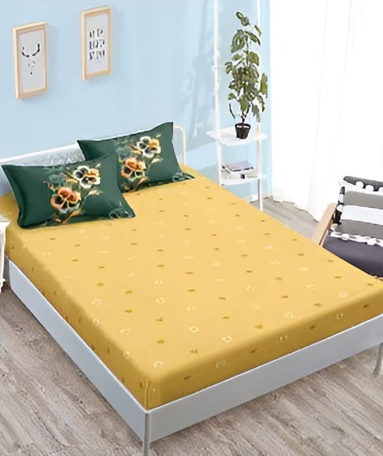 Спално бельо с ластик - зелено и жълто с флорален мотив