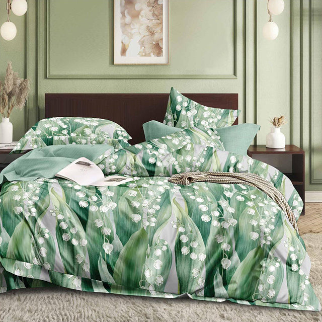 Спално бельо с ластик - зелено с флорален мотив