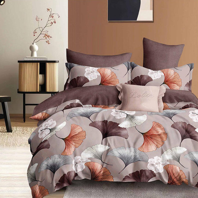 Спално бельо с ластик - сиво и кафяво с цветя