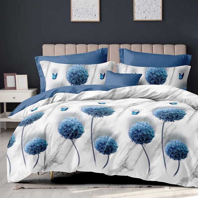 Спално бельо с ластик - бяло и синьо с глухарчета и пеперуди