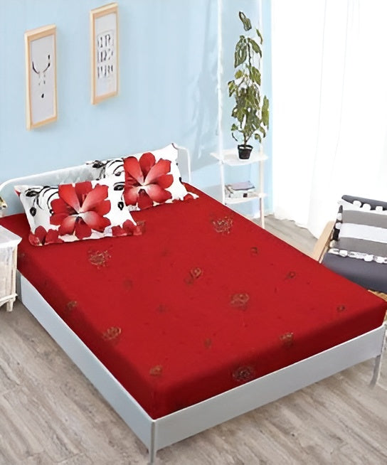 Спално бельо с ластик - бяло и червено с цветя