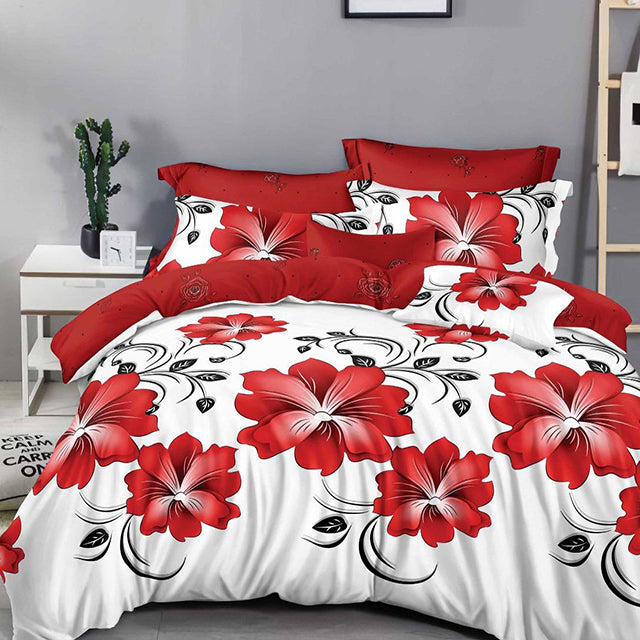 Спално бельо с ластик - бяло и червено с цветя