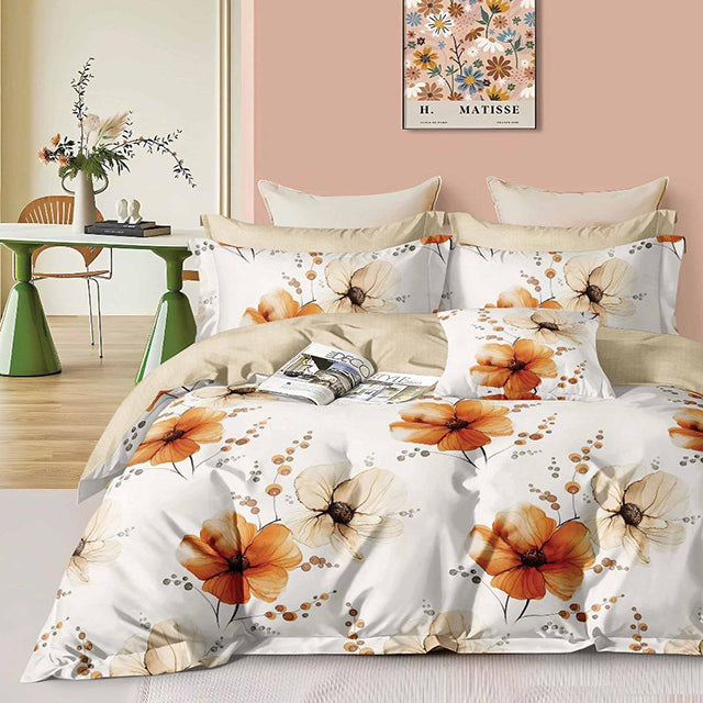 Спално бельо с ластик - цвят крем с цветя