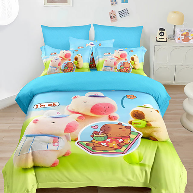 Детско спално бельо от 100% памук - синьо с Капибара