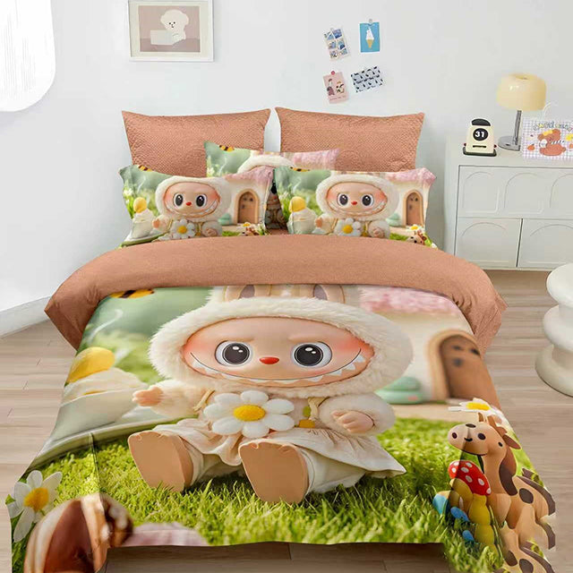 Детско спално бельо от 100% памук - цвят праскова с Лабубу