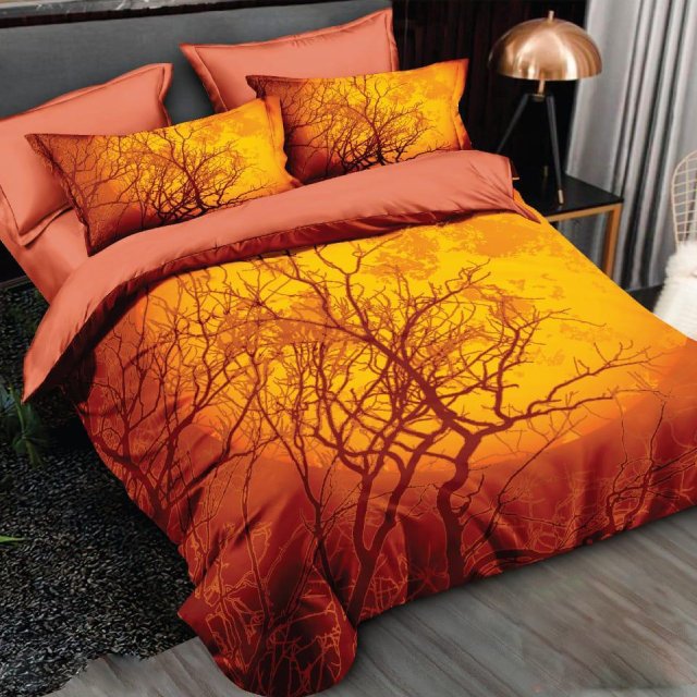 Спално бельо от бархет – оранжево с дървета и кръгла луна