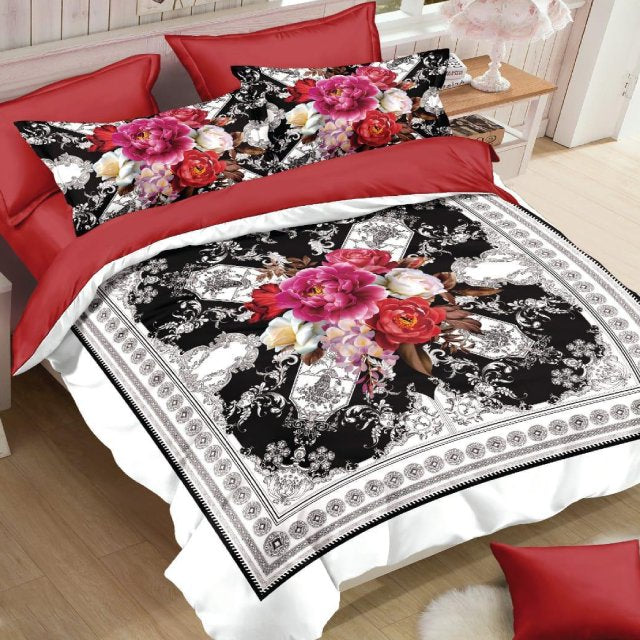 Спално бельо от бархет – бяло и червено с квадрат от цветя