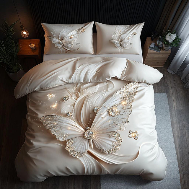 5D спално бельо от 6 части с ластик - цвят екрю с пеперуда