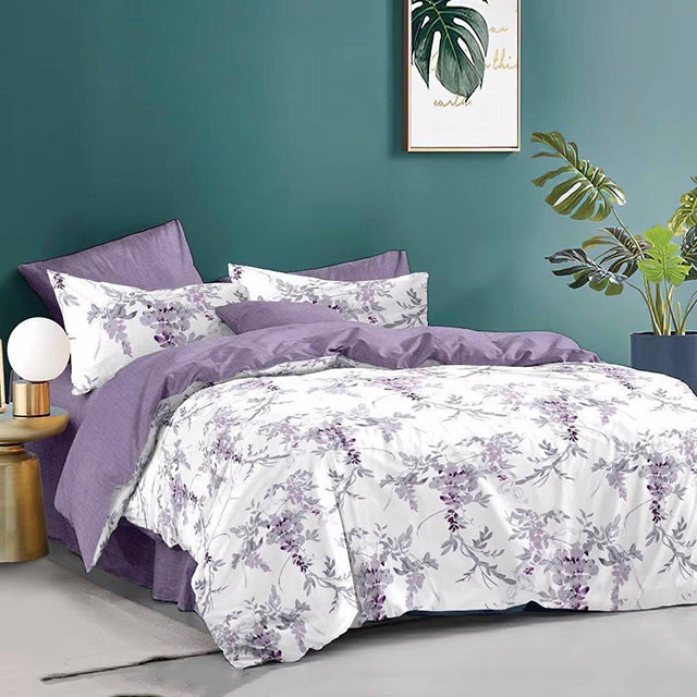 Спално бельо от 100% памук – бяло и лилаво с клончета