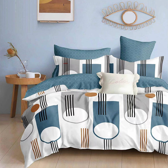 Спално бельо от 100% памук – сиво и синьо с кръгове и черти