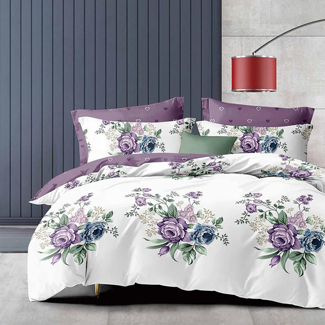 Спално бельо от 100% памук – бяло и лилаво с цветя