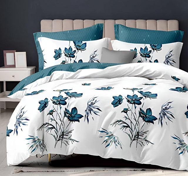 Спално бельо от 100% памук – бяло и синьо с цветя