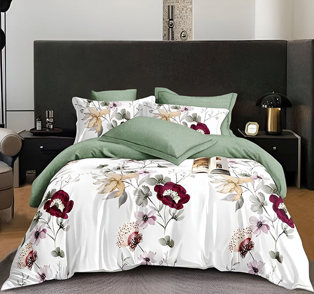 Спално бельо от 100% памук – бяло и зелено с цветя