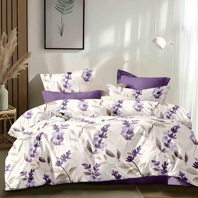 Спално бельо от 100% памук – бяло с лавандула