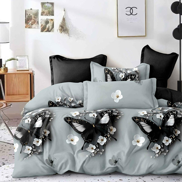 Спално бельо от 100% памук – сиво с черни пеперуди