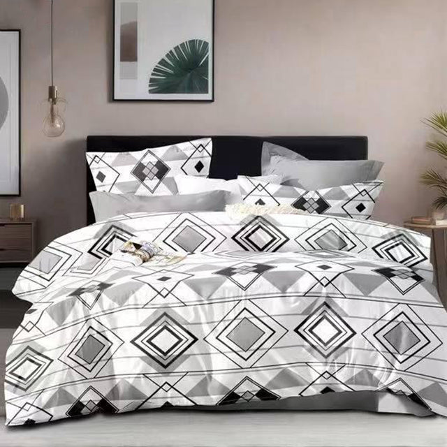 Спално бельо от 100% памук – бяло и сиво с геометричен мотив