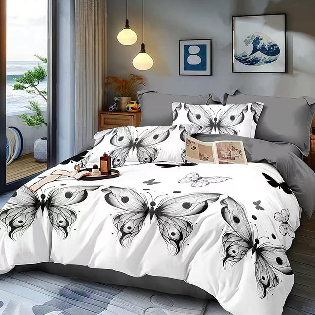 Спално бельо от 100% памук – бяло и сиво с пеперуди