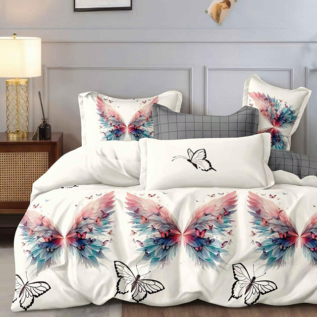 Спално бельо от 100% памук – бяло и сиво със шарени пеперуди