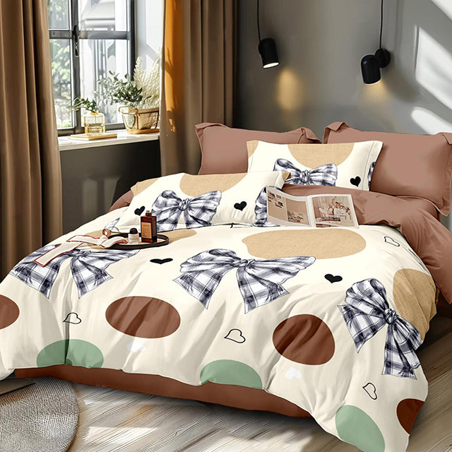 Спално бельо от 100% памук – цвят крем и кафяво с панделки