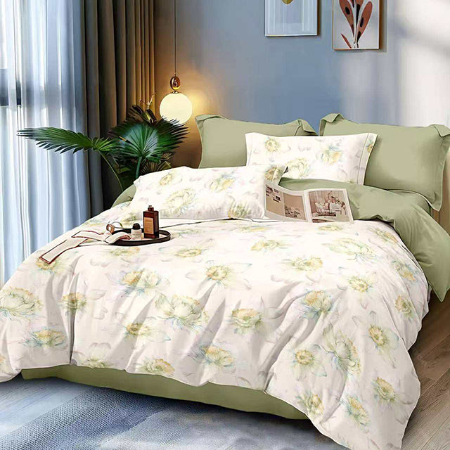 Спално бельо от 100% памук – бяло и зелено с цветя