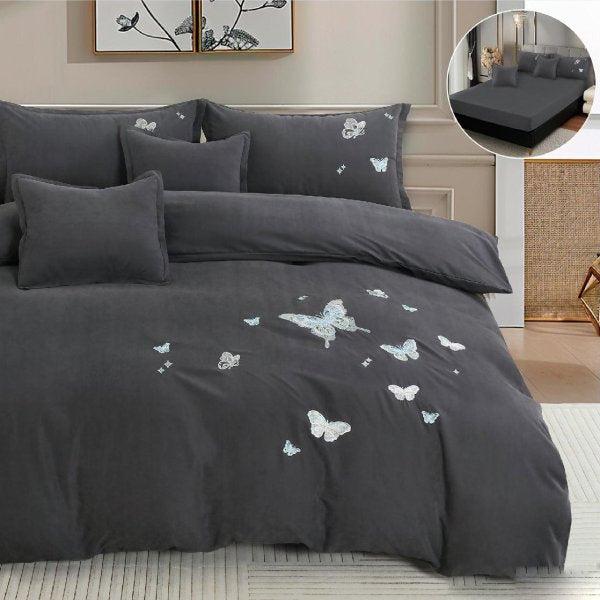 Едноцветно спално бельо с ластик – тъмносиво с пеперуди