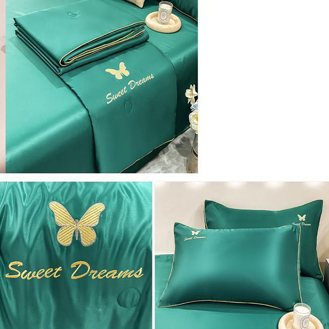 Луксозно спално бельо с нежно покривало и бродерия – тъмнозелено