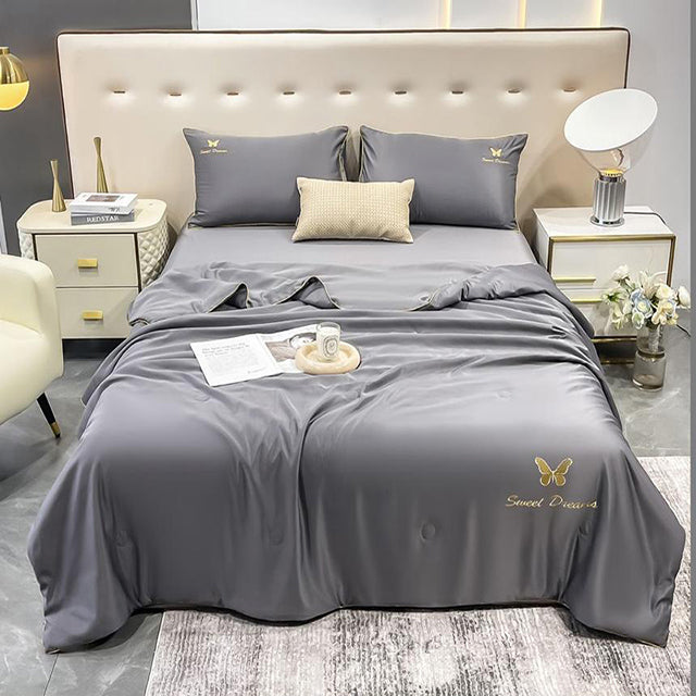 Луксозно спално бельо с нежно покривало и бродерия – тъмносиво