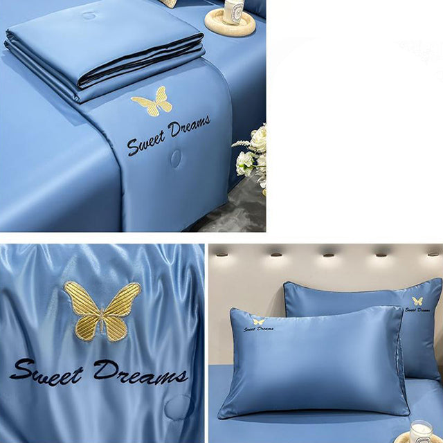 Луксозно спално бельо с нежно покривало и бродерия – светлосиньо