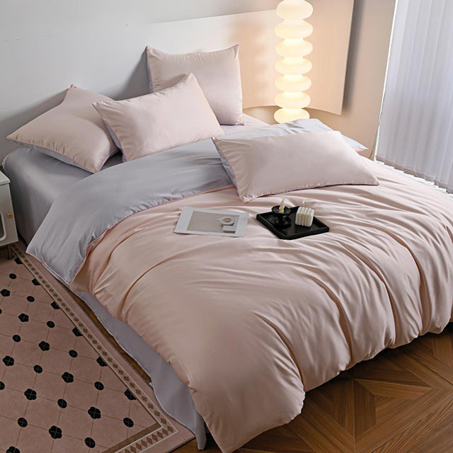Луксозно спално бельо от памучен сатен - розов и сив цвят