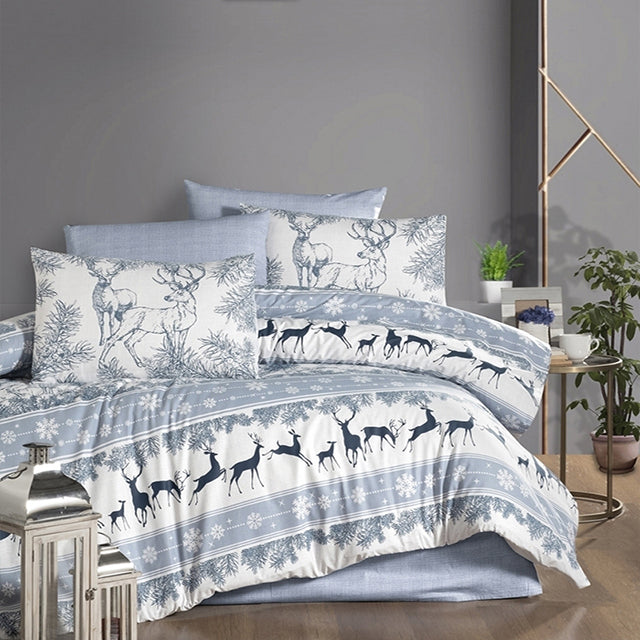 Единично спално бельо от ранфорс памук – синьо с еленчета