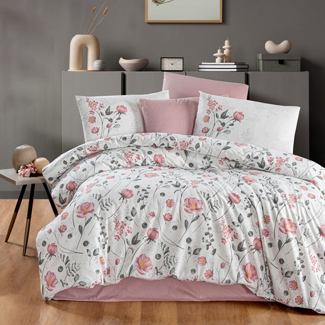 Спално бельо от ранфорс памук – бяло и розово с цветя