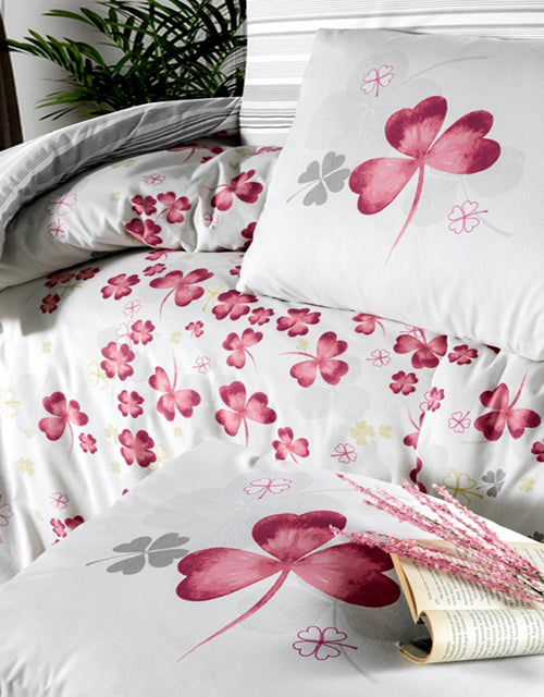 Спално бельо с 2 плика от ранфорс памук – бяло с розови детелинки