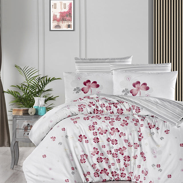 Спално бельо с 2 плика от ранфорс памук – бяло с розови детелинки