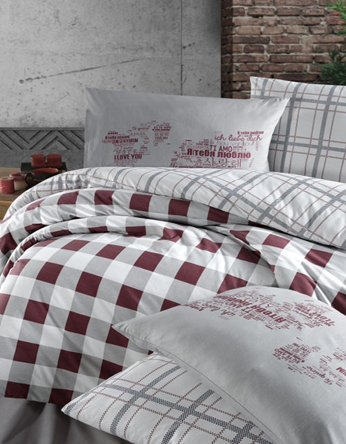 Спално бельо с 2 плика от ранфорс памук – бял фон с бордо квадрати