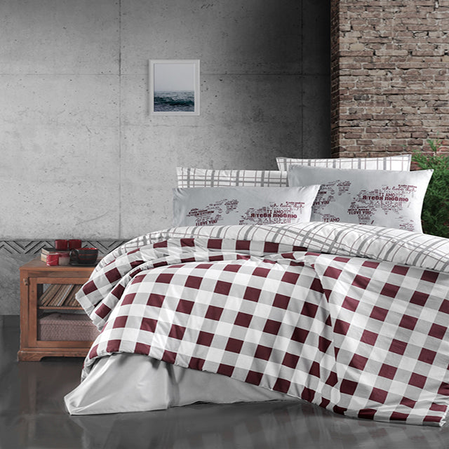 Спално бельо с 2 плика от ранфорс памук – бял фон с бордо квадрати