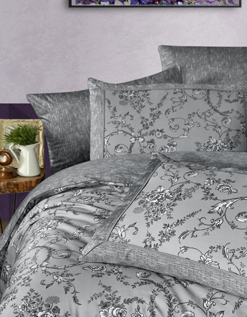 3D Спално бельо с памучен сатен – сив фон с цветя