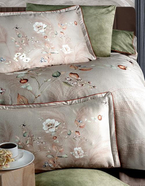 3D Спално бельо с памучен сатен – бежово и зелено с цветя