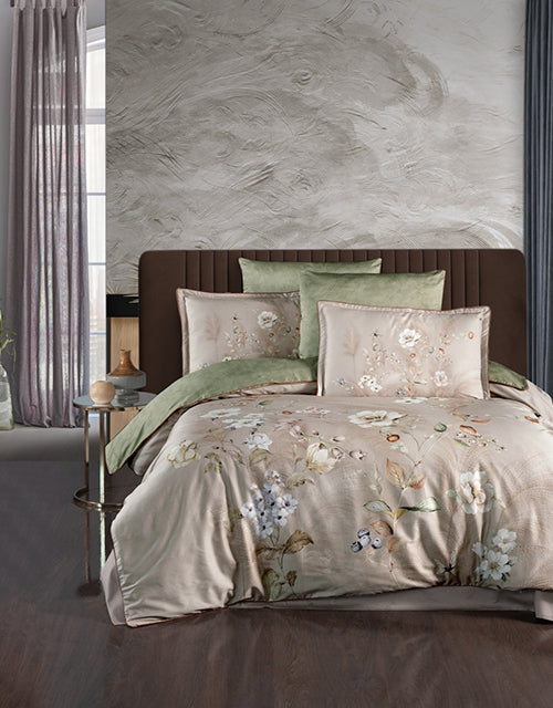 3D Спално бельо с памучен сатен – бежово и зелено с цветя