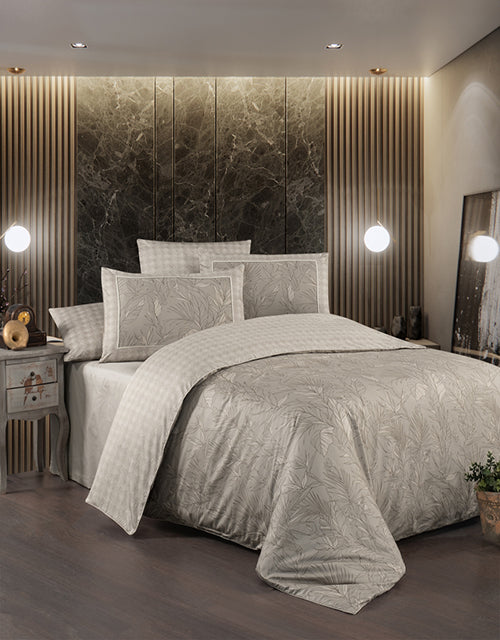 3D Спално бельо с памучен сатен – бежово-сиво с листа