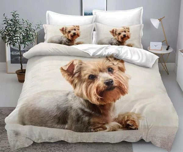 3D Единично спално бельо – цвят шампанско с куче Йорки