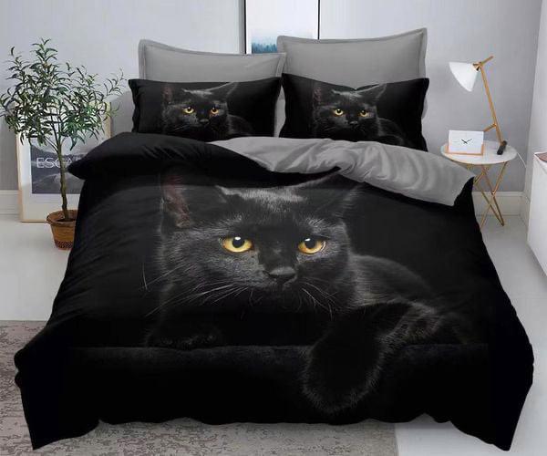 3D Единично спално бельо – черно с черно коте