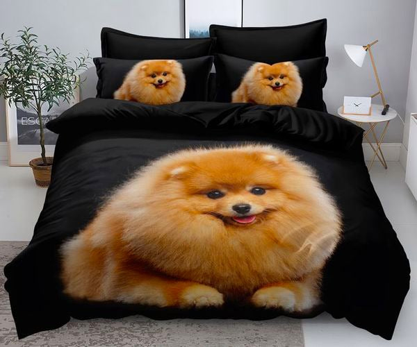 3D Единично спално бельо – черен фон с померан