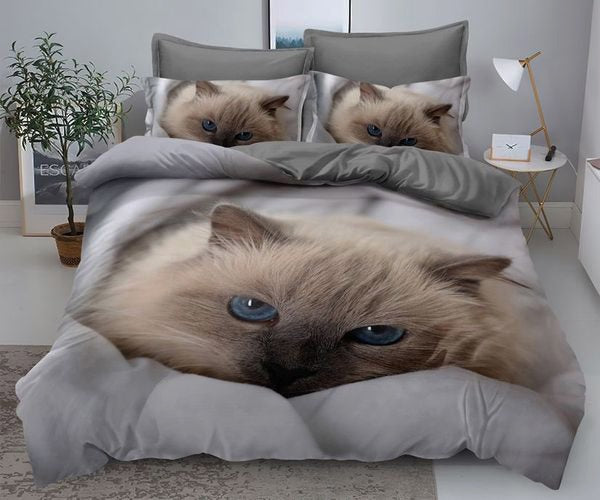 3D Единично спално бельо – сив фон с коте