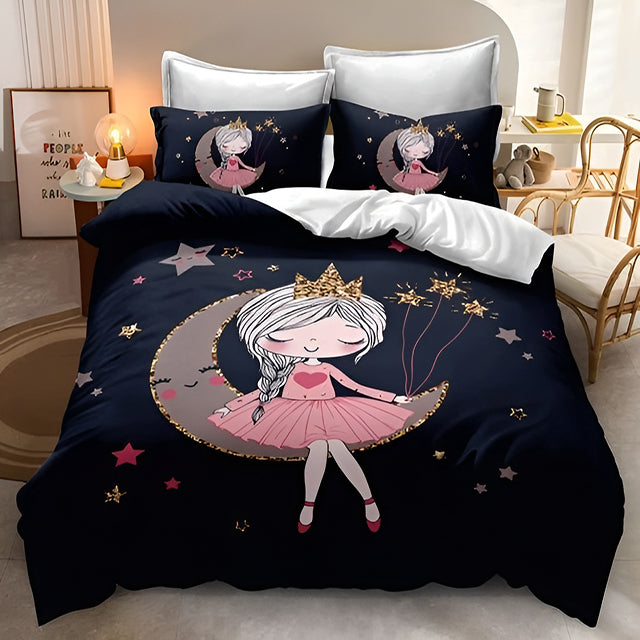 3D Спално бельо от 100% памук – тъмен фон с луна и принцеса