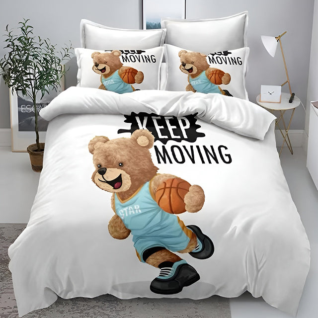 3D Спално бельо от 100% памук – бяло с баскетболно мече